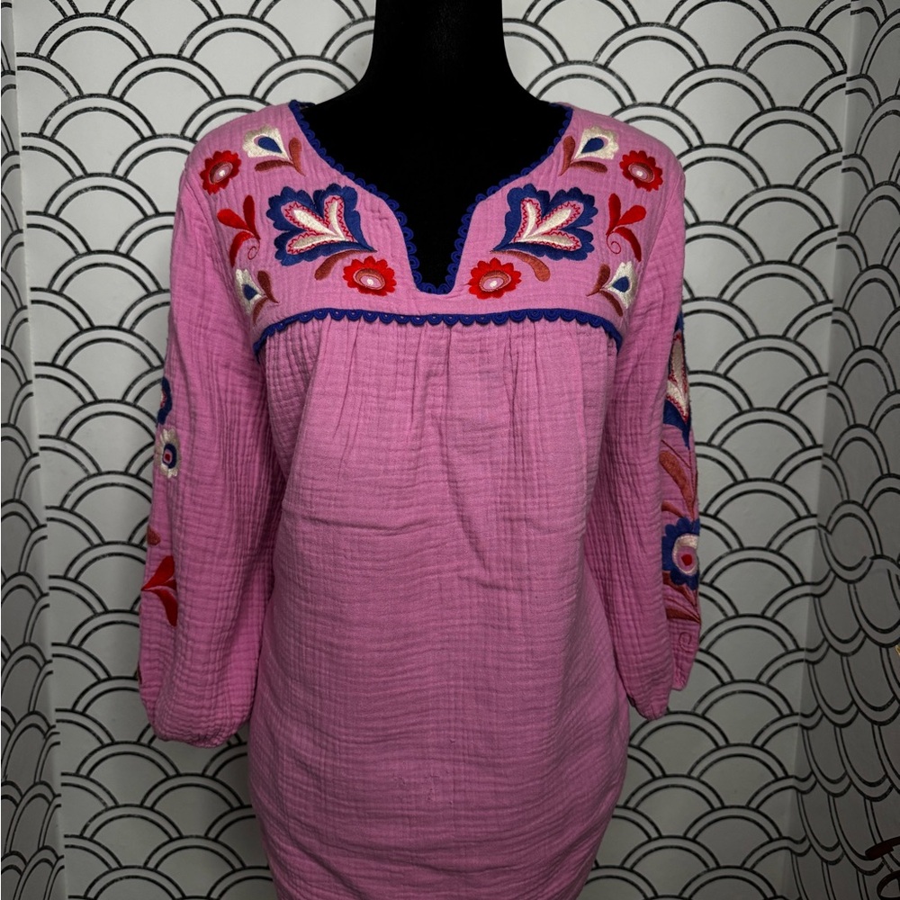 Pink Cotton Embroidered Tunic Dobby Floral Blouse – Size 16